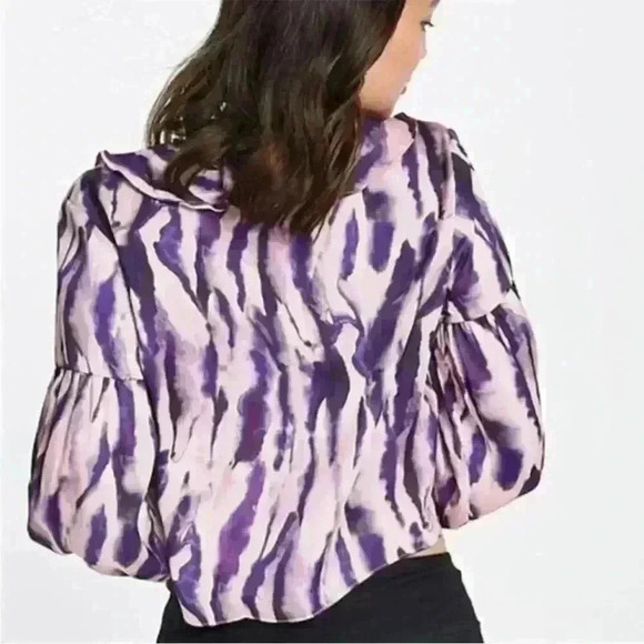 Topshop Tie Dye Ruffle Lightweight TieFront Peasant Sleeve Blouse Purple Sz6 NWT - Picture 2 of 8
